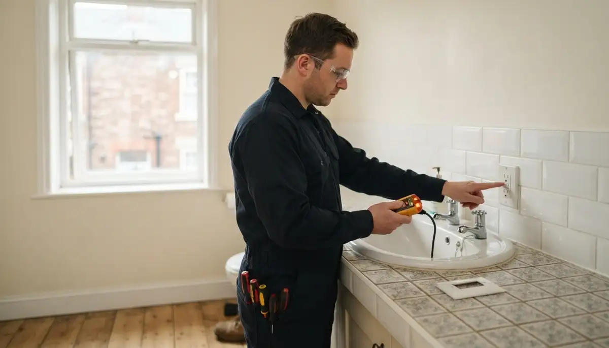 Electrician installing a GFCI outlet in a Chester, VA bathroom wet area