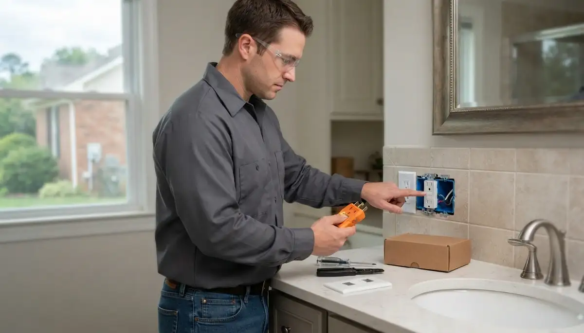 Electrician testing GFCI receptacle for bathroom safety in Crozier, VA homes