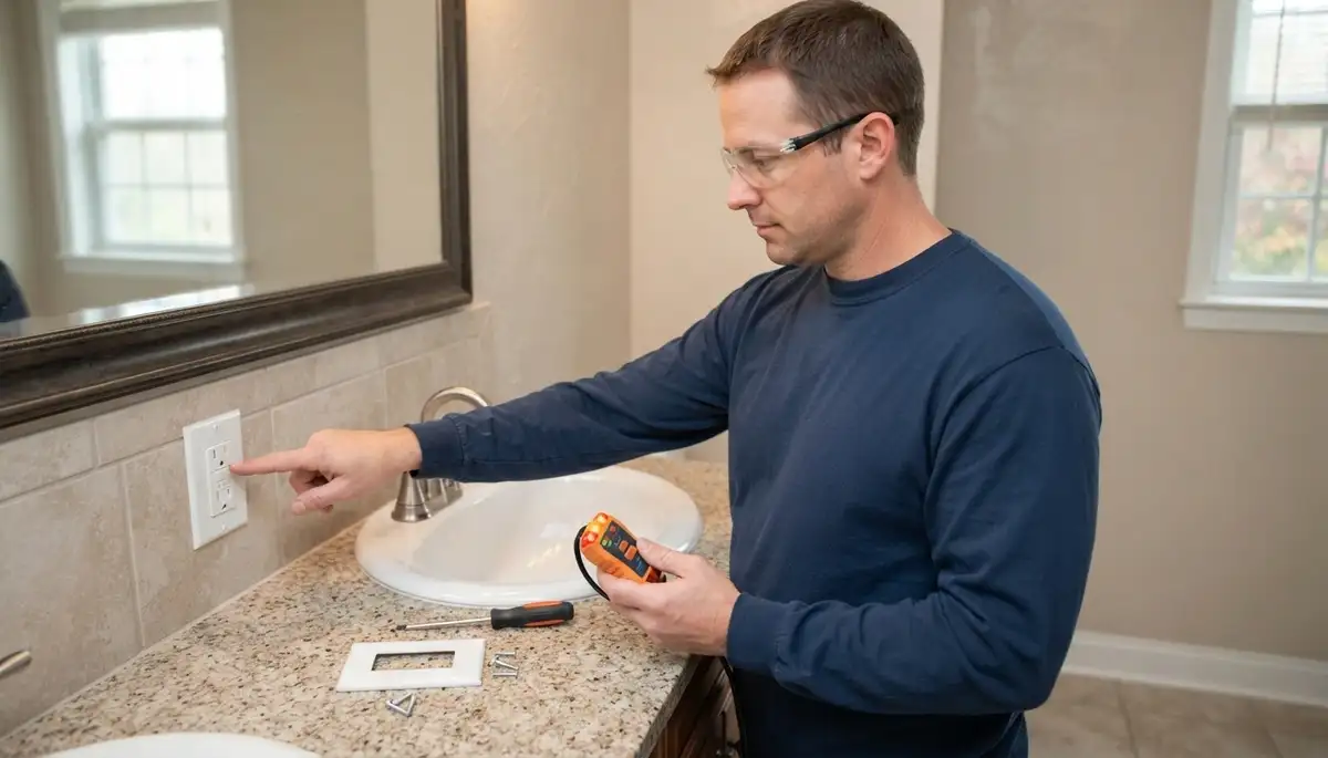Electrician installing GFCI protection for a wet-area outlet in Doswell, VA