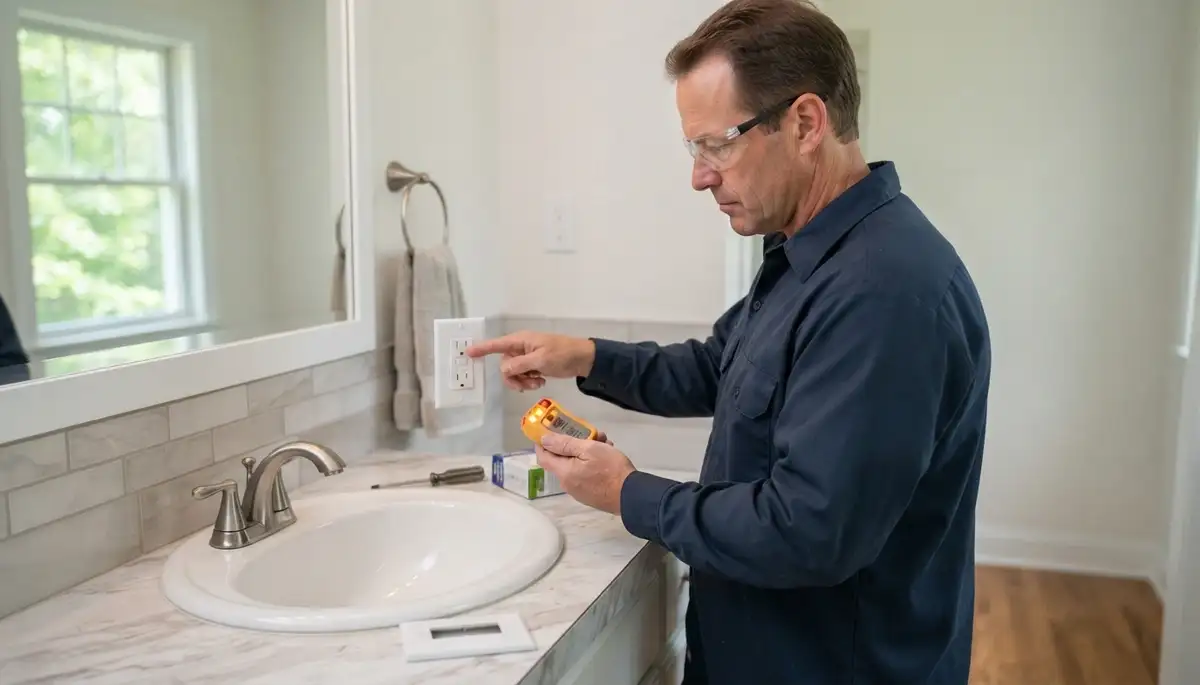 Electrician installing a GFCI outlet for wet-area protection in a Manakin Sabot, VA home