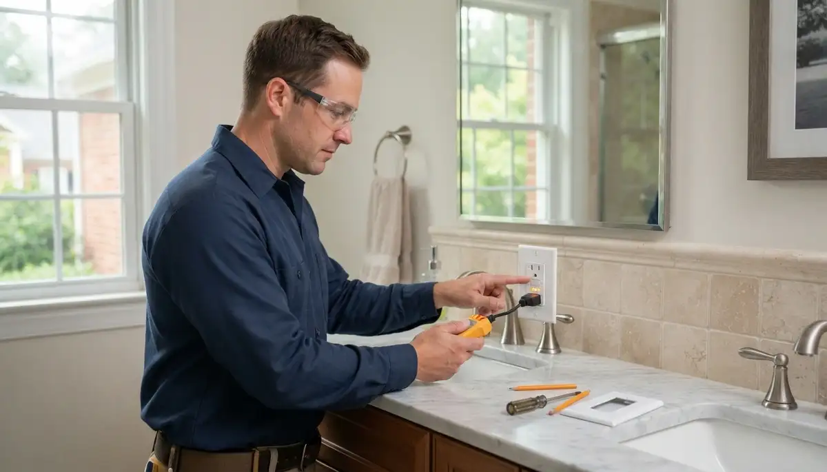 Electrician installs GFCI outlet near a sink in a Manquin, VA bathroom
