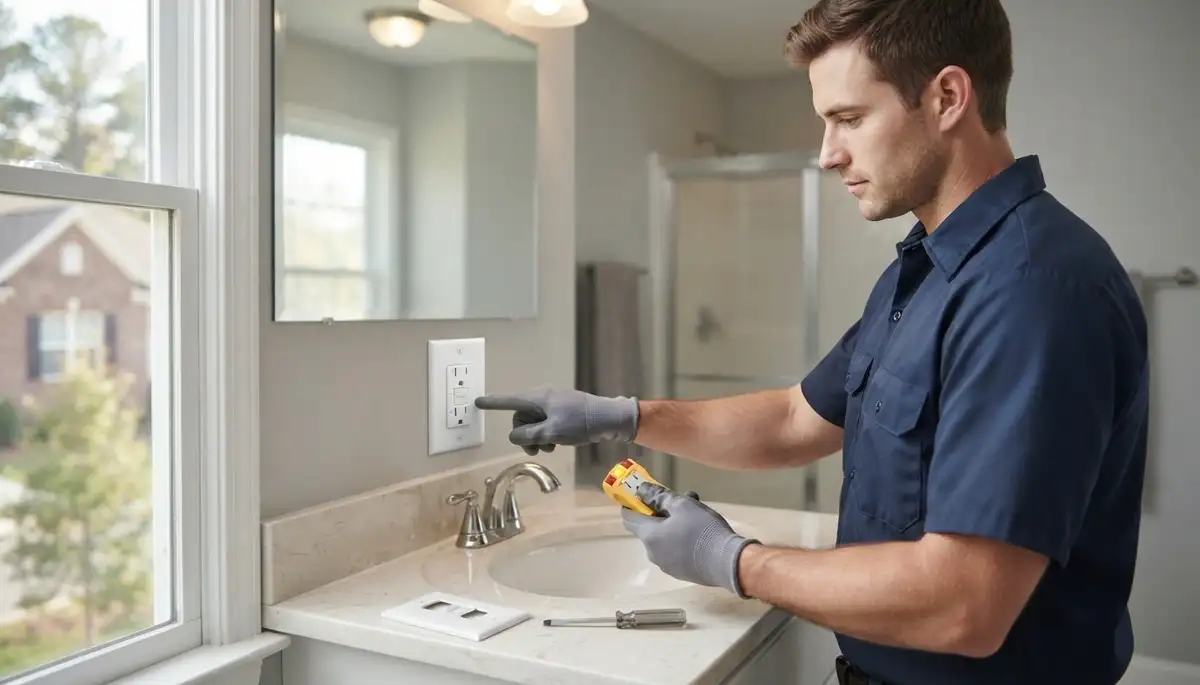 Electrician installing a GFCI outlet in a Midlothian, VA bathroom for ground-fault protection