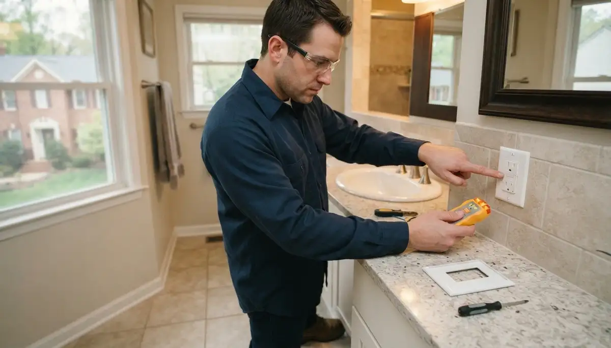 Electrician installs a GFCI outlet for ground-fault protection in a Quinton, VA bathroom