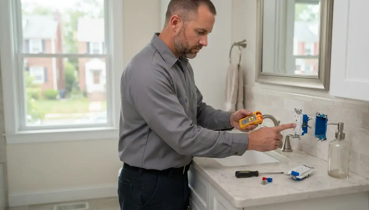 Electrician installing a GFCI outlet near a sink in a Rockville, VA home