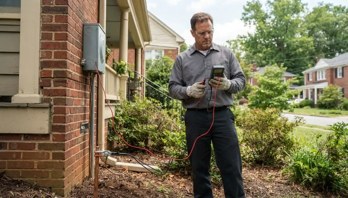 Electrician verifies ground-path continuity for lightning surge protection in Richmond, VA