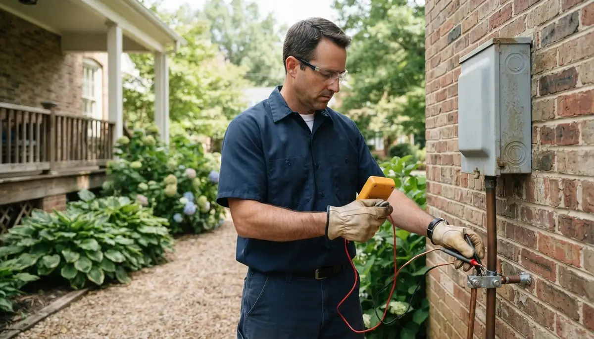 Richmond, VA electrician testing service entrance voltage and grounding with multimeter probes
