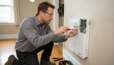 Electrician wiring a dedicated circuit in a wall-mounted heater terminal box in Richmond, VA