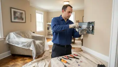 Richmond, VA electrician wiring a residential circuit at an open device box with furniture protected