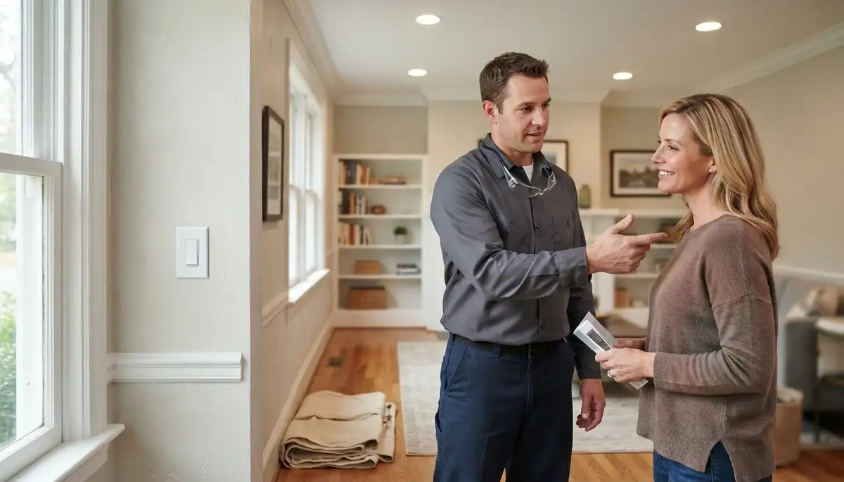 Residential electrician in Richmond, VA demonstrates a completed electrical device to a homeowner during final handover
