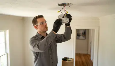 Richmond, VA electrician wiring an interconnected smoke detector to a ceiling base