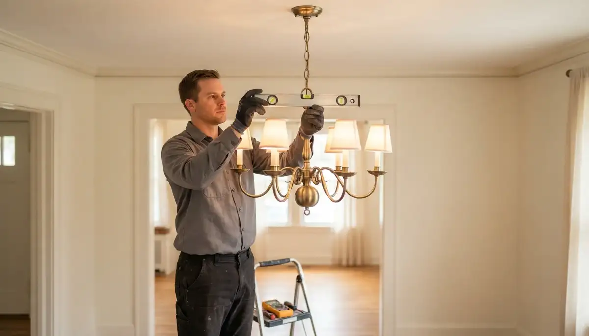 Richmond, VA electrician levels chandelier and tests dimmer during professional installation