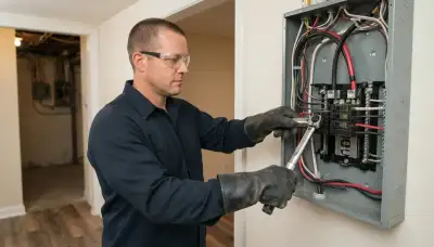 Electrician in Richmond, VA torques feeder conductors in a new electrical load center during panel installation