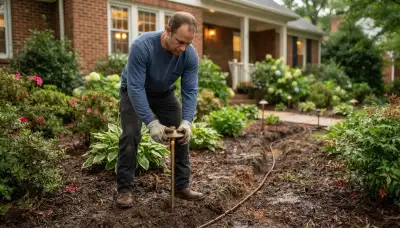 Technician installs low-voltage landscape lighting and buried cable in a Richmond, VA planting bed