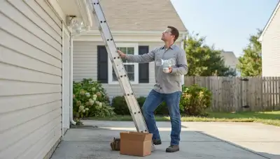 Richmond, VA electrician prepares a motion-sensing security light for garage eave installation with a ladder