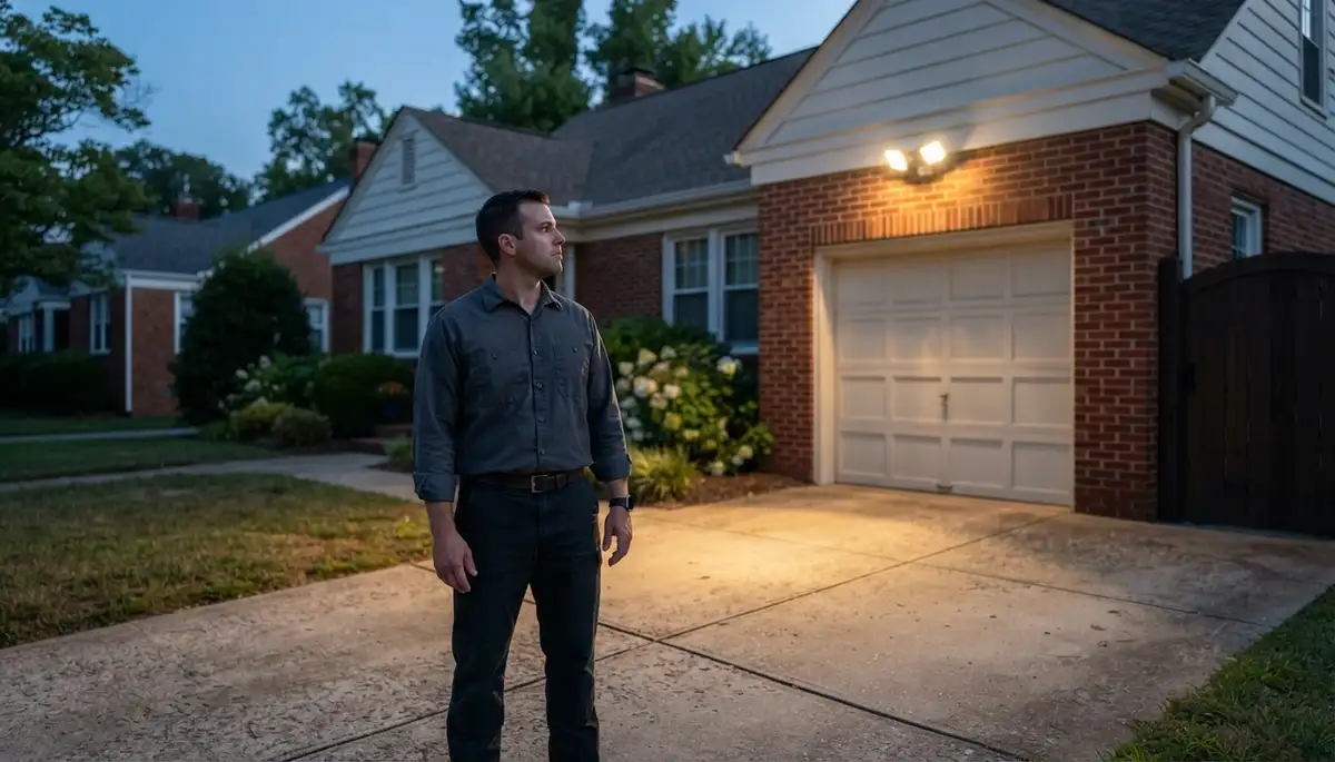 Richmond, VA electrician verifies motion security light coverage across a residential driveway at night