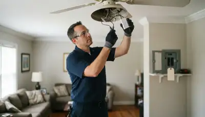 Electrician replaces a ceiling fan capacitor and reconnects wiring in a Richmond, VA home