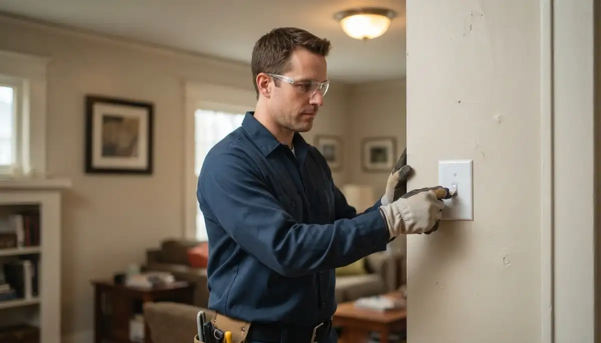 Richmond, VA electrician tests a repaired light switch for reliable, flicker-free operation