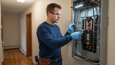 Licensed electrician installing a new circuit breaker in a de-energized electrical panel in Richmond, VA