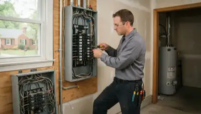 Electrician upgrading an electrical panel in an older Doswell, VA home for added capacity