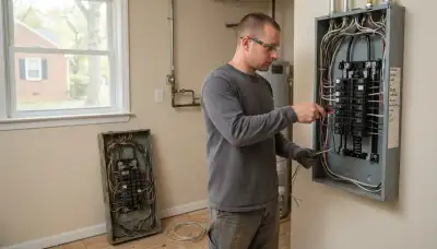 Electrician upgrading an outdated electrical panel in an older Henrico, VA home