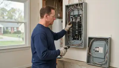 Electrician upgrading an electrical panel in an older Hopewell, VA home