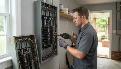 Electrician upgrading an electrical panel in an older Manakin Sabot, VA home