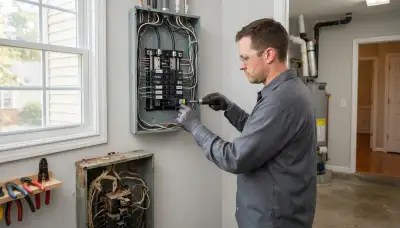Electrician upgrading an outdated electrical panel in an older Moseley, VA home near Richmond