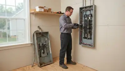 Electrician upgrading an electrical panel in an older Oilville, VA home