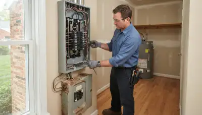 Electrician installing a 200-amp electrical panel upgrade in an older Rockville, VA home