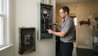 Electrician upgrading an electrical panel in an older Sandston, VA home near Richmond