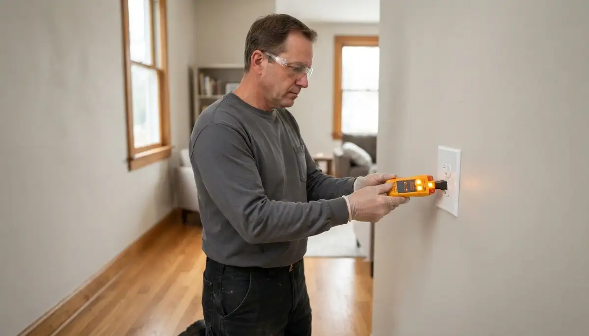 Electrician tests polarity and ground continuity at a repaired outlet in Richmond, VA