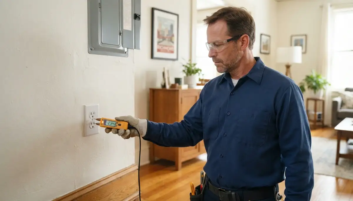 Electrician verifies a restored outlet with a voltage tester during electrical repair in Richmond, VA