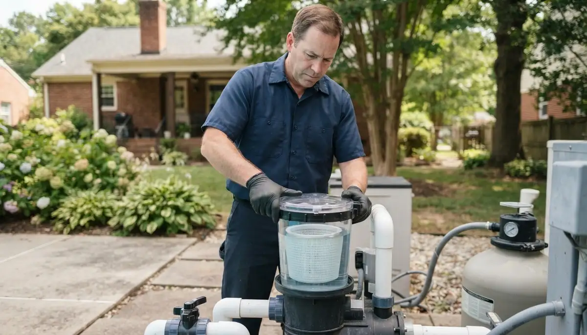 Electrician closes a primed pool pump strainer lid to verify water flow at a Richmond, VA home