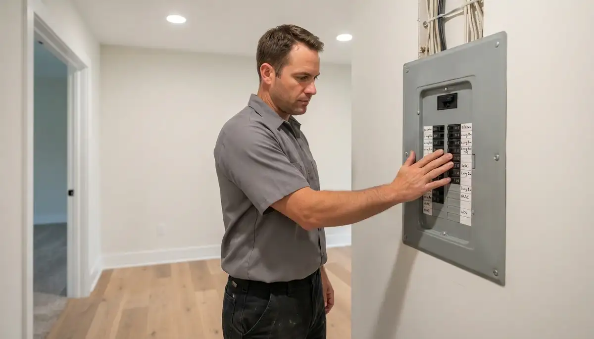 Richmond, VA electrician verifies a completed electrical panel during a final installation walkthrough