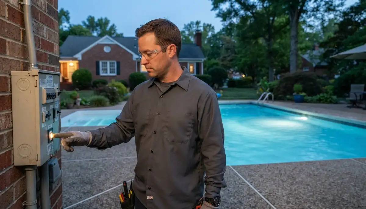 Technician presses GFCI test button at a pool lighting panel in Richmond, VA, confirming safe illumination