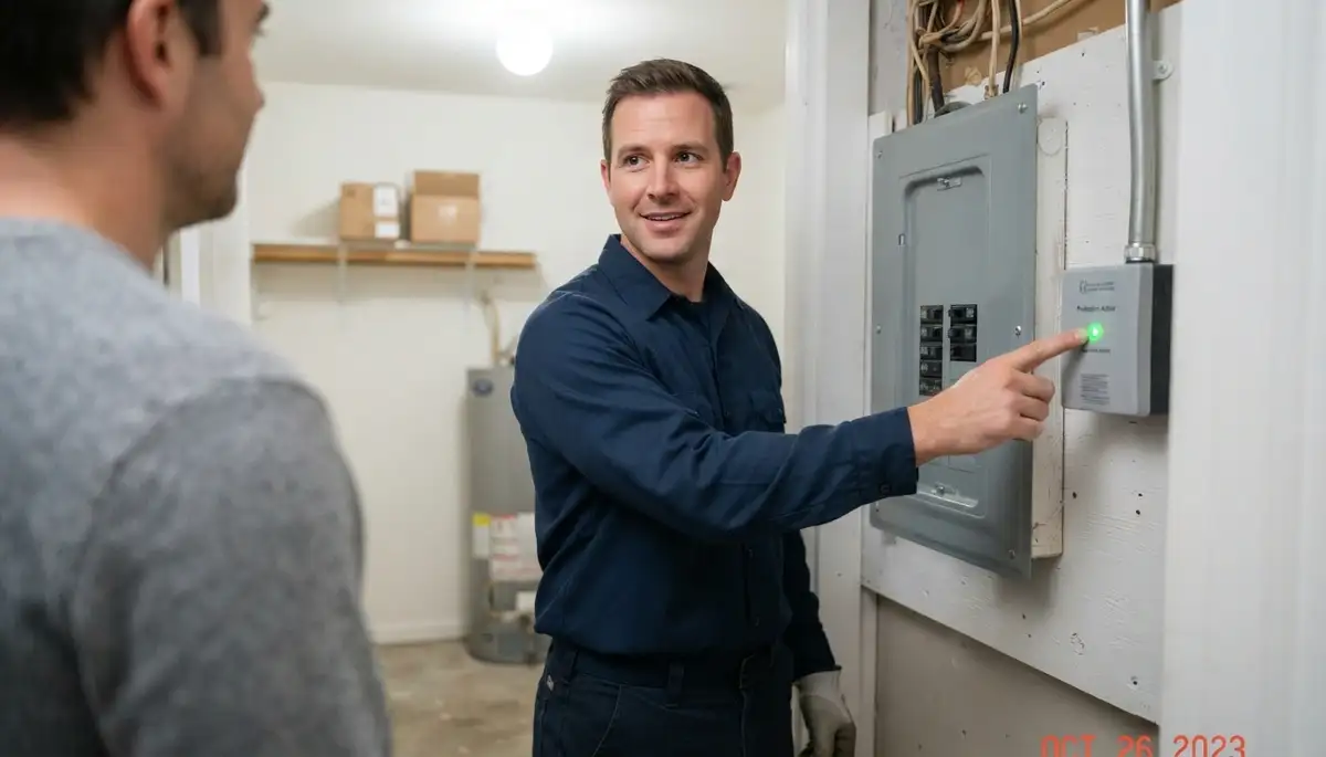 Richmond, VA electrician verifies the active status light on a whole-home surge protector