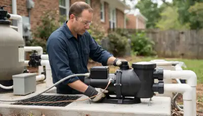 Richmond, VA electrician installing a pool pump and connecting its bonding wire at a residential equipment pad