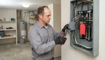 Electrician installs a whole-home surge protector at an electrical panel in Richmond, VA