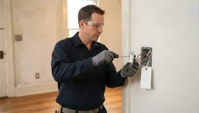 Electrician installing a replacement light switch with secured wiring and lockout tag in Richmond, VA