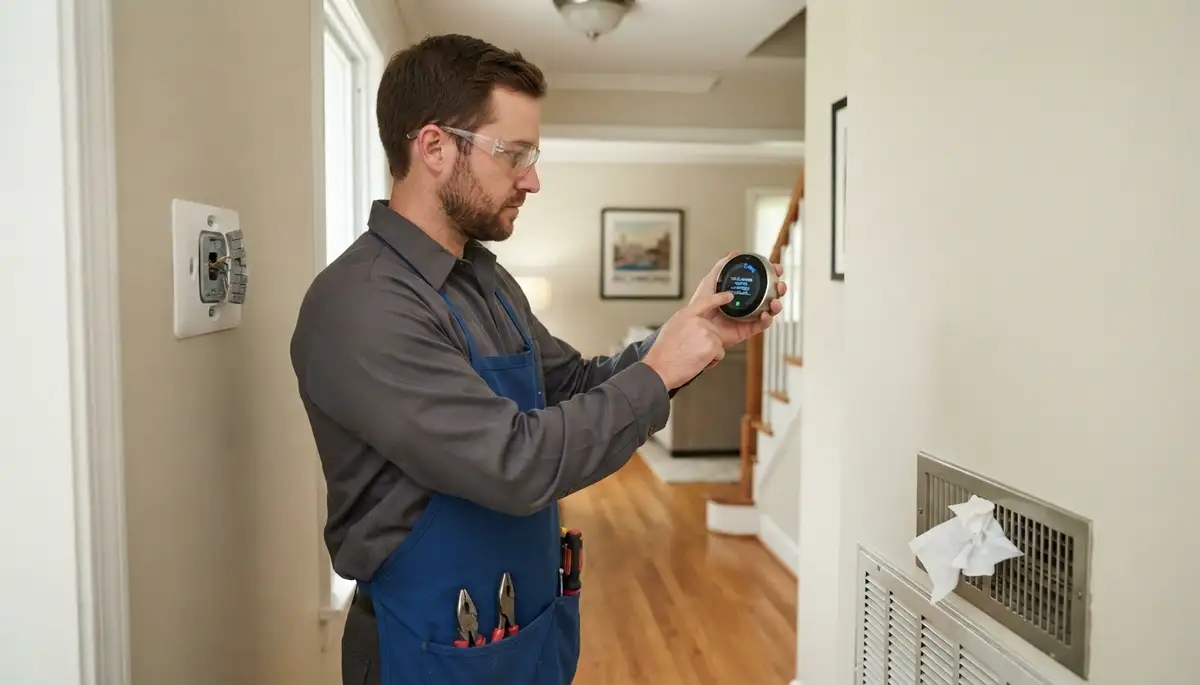 Technician tests new thermostat heating and cooling cycles in a Richmond, VA home during installation