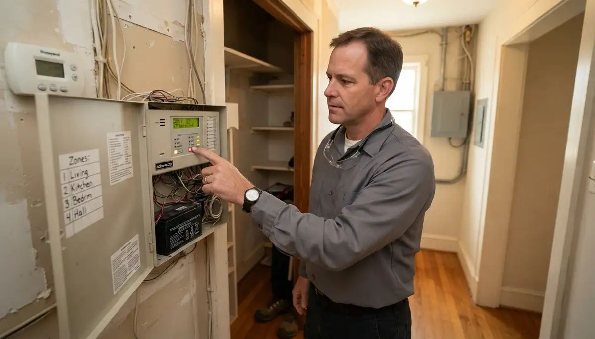Electrician testing fire alarm control panel zones during a Richmond, VA home system walkthrough