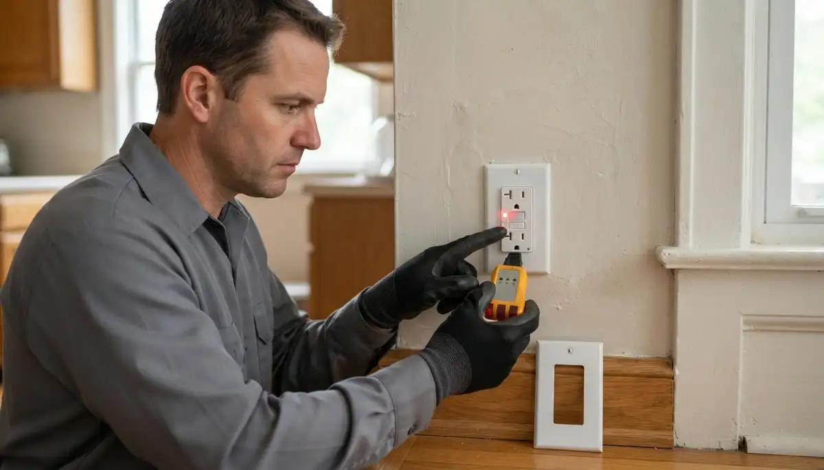 Richmond, VA electrician presses test button on newly installed GFCI outlet