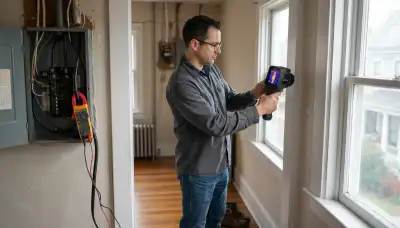 Electrician uses a thermal camera and load meter during a Richmond, VA home energy audit