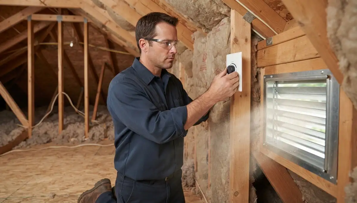 Electrician verifies Richmond, VA attic fan thermostat and airflow near soffit intake vents