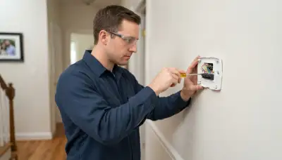 Electrician wiring and leveling a thermostat base during thermostat installation in Richmond, VA