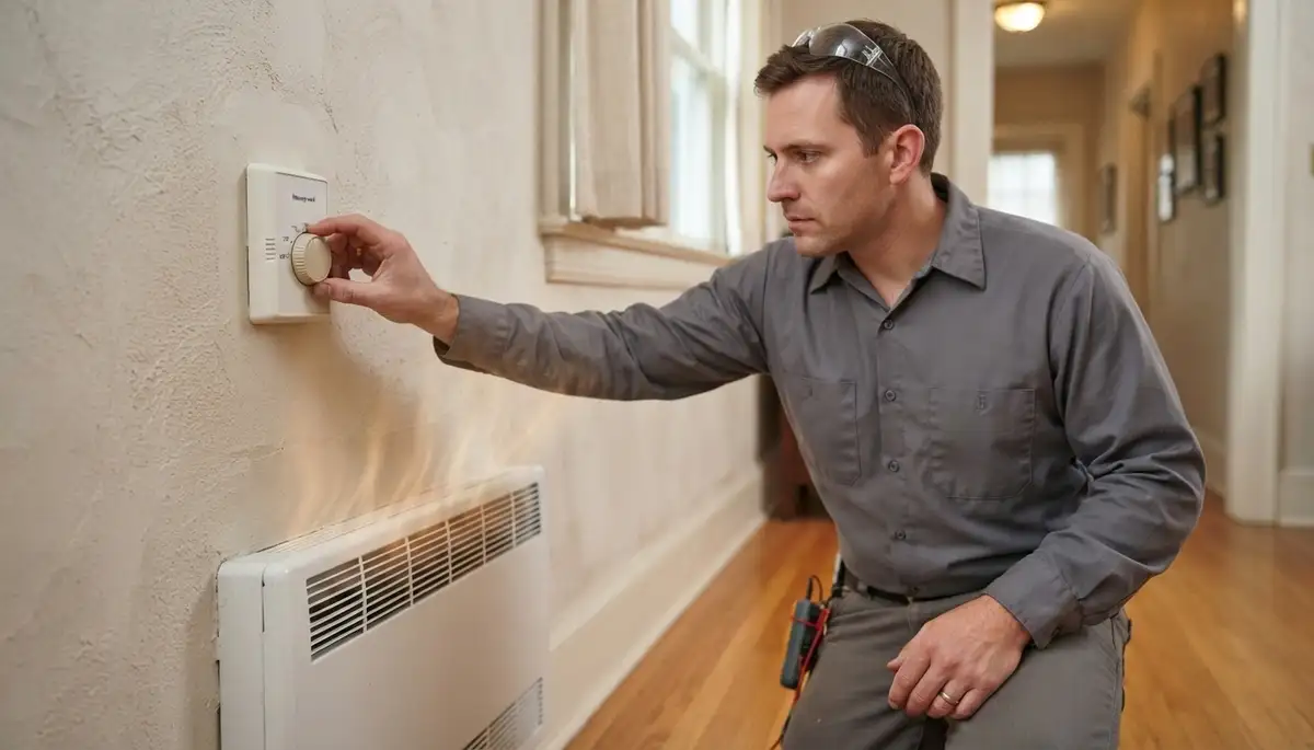 Technician adjusts an electric heater thermostat and verifies warm airflow in Richmond, VA