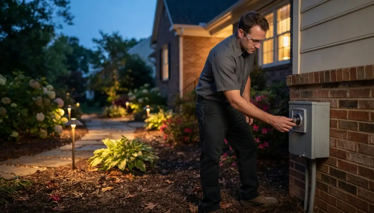 Richmond, VA electrician adjusts landscape lighting transformer timer during nighttime path light testing