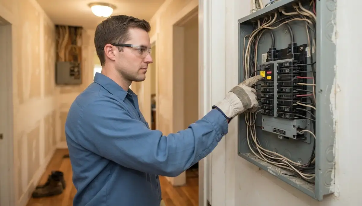 Richmond, VA electrician presses GFCI breaker test button to verify ground-fault protection