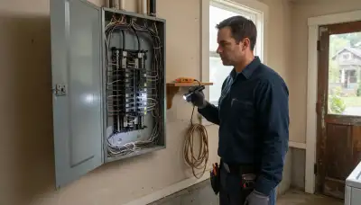 Electrician performing a whole-home electrical inspection with flashlight and tester in Ashland, VA