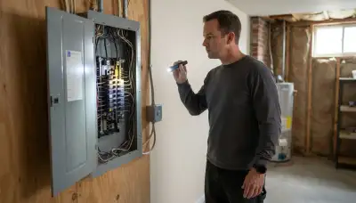 Electrician inspecting a home electrical panel during a whole-home inspection in Chesterfield, VA